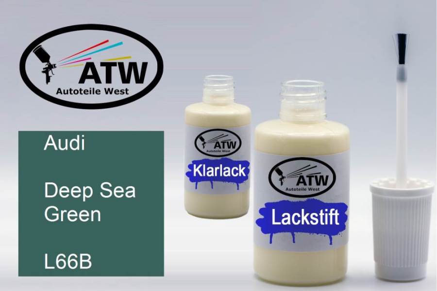 Audi, Deep Sea Green, L66B: 20ml Lackstift + 20ml Klarlack - Set, von ATW Autoteile West.